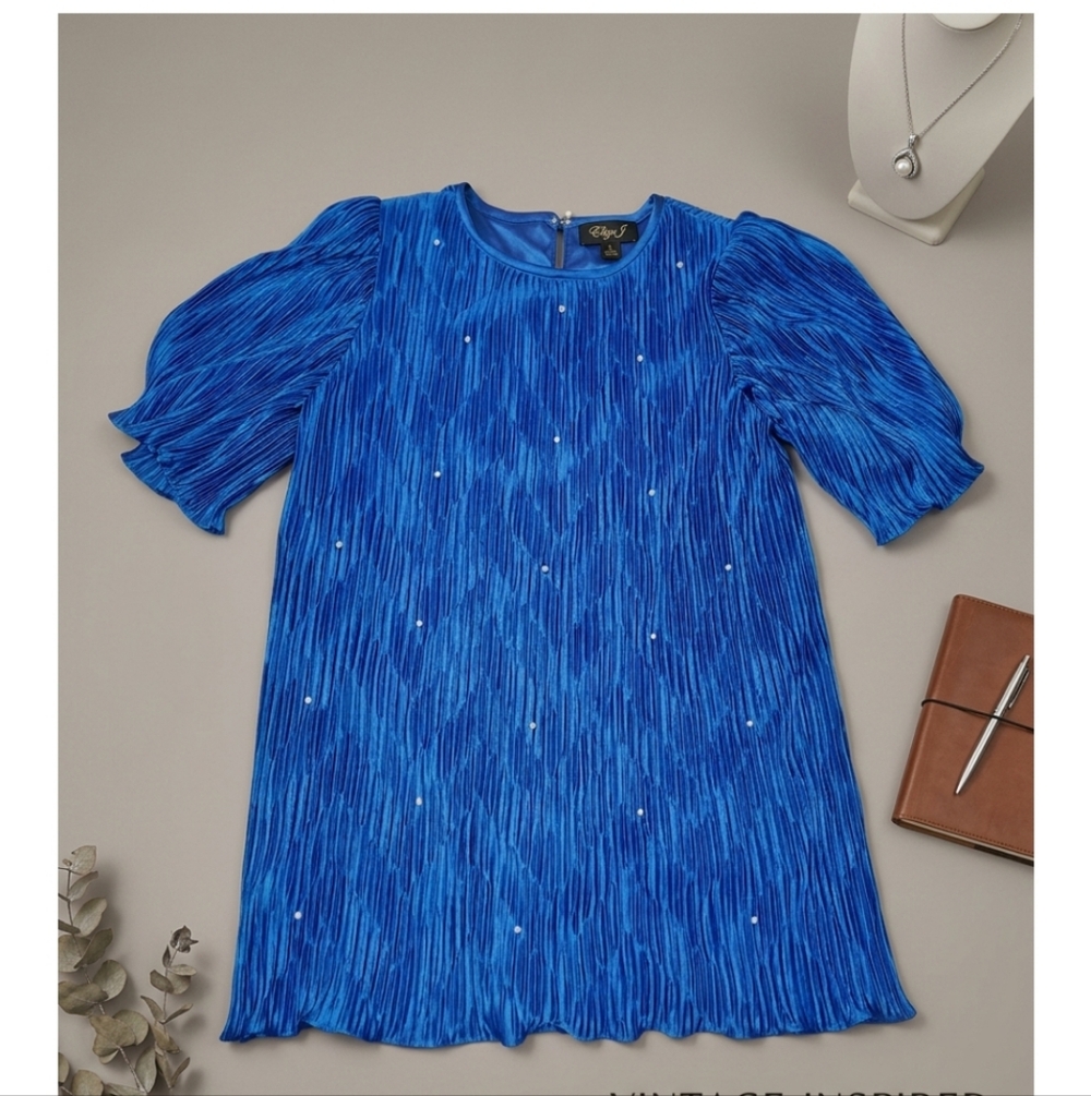 Elegant Blue Blouse with Pearl Accents